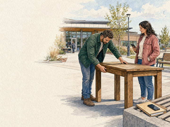 Two people inspect a wooden table together in a staffed community-centre pickup area.